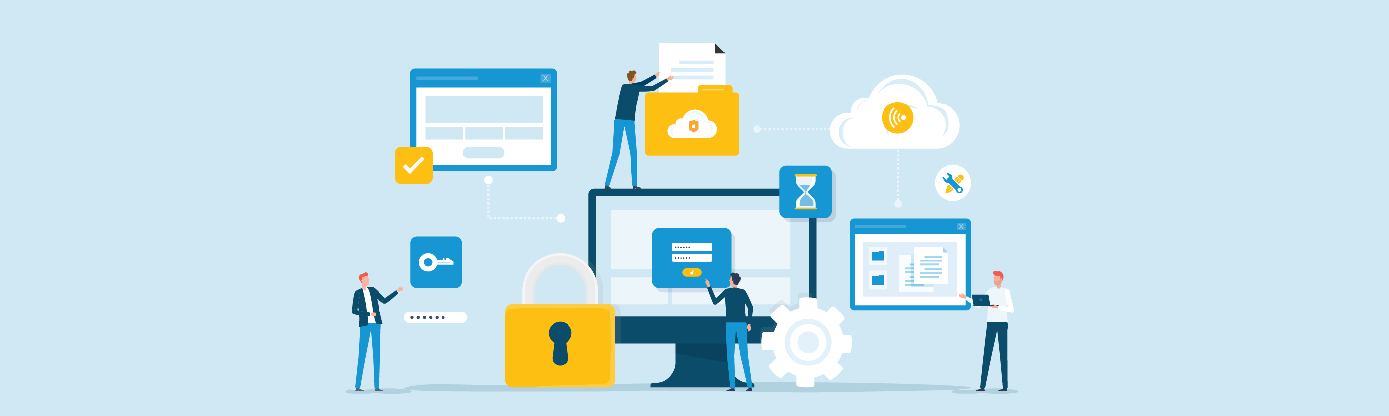 Illustration of computer, cloud services, and people working on these projects