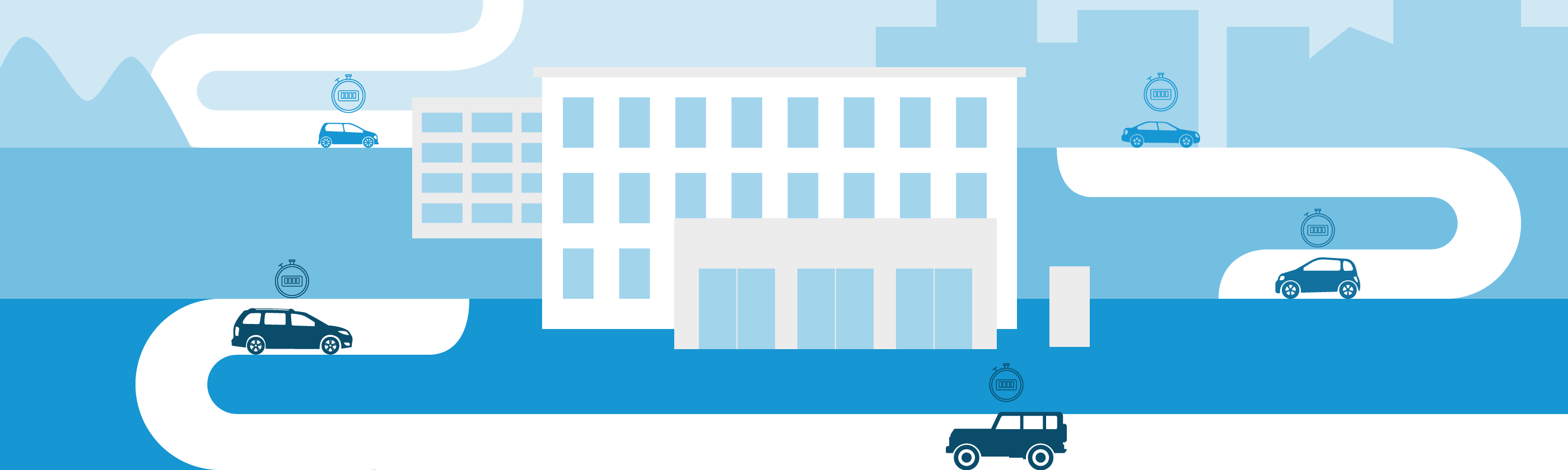 Illustration of cars driving outside an office