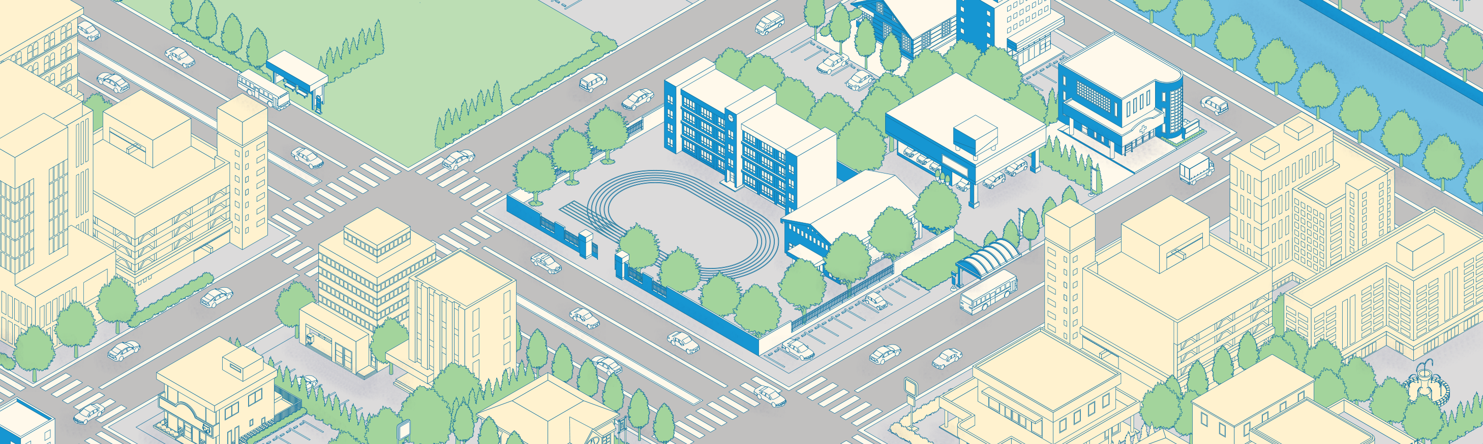 Illustration of builing with a roundabout in front of it