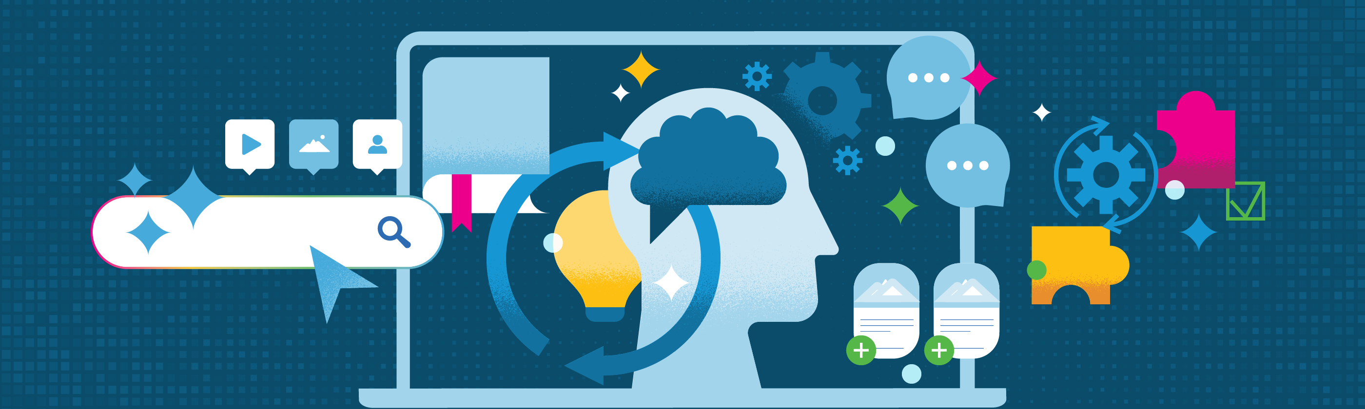 An illustrated banner depicting a human head silhouette with a brain and lightbulb inside, surrounded by icons representing AI and technology concepts including gears, chat bubbles, a search bar, documents, and puzzle pieces, set against a dark blue background.