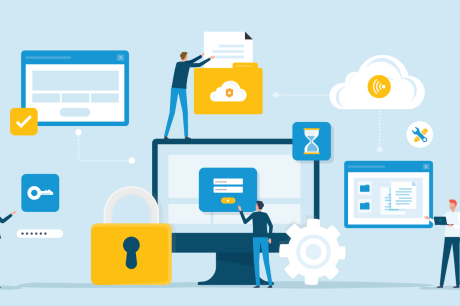 Illustration of computer, cloud services, and people working on these projects