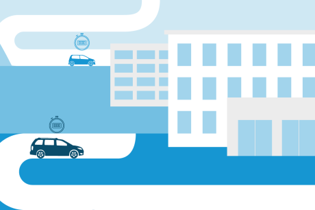 Illustration of cars driving outside an office