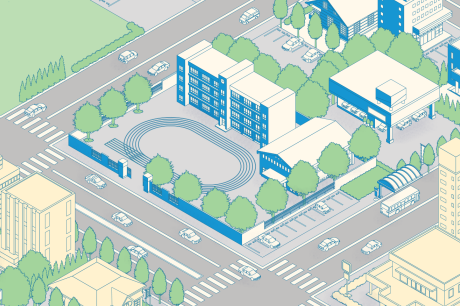 Illustration of builing with a roundabout in front of it